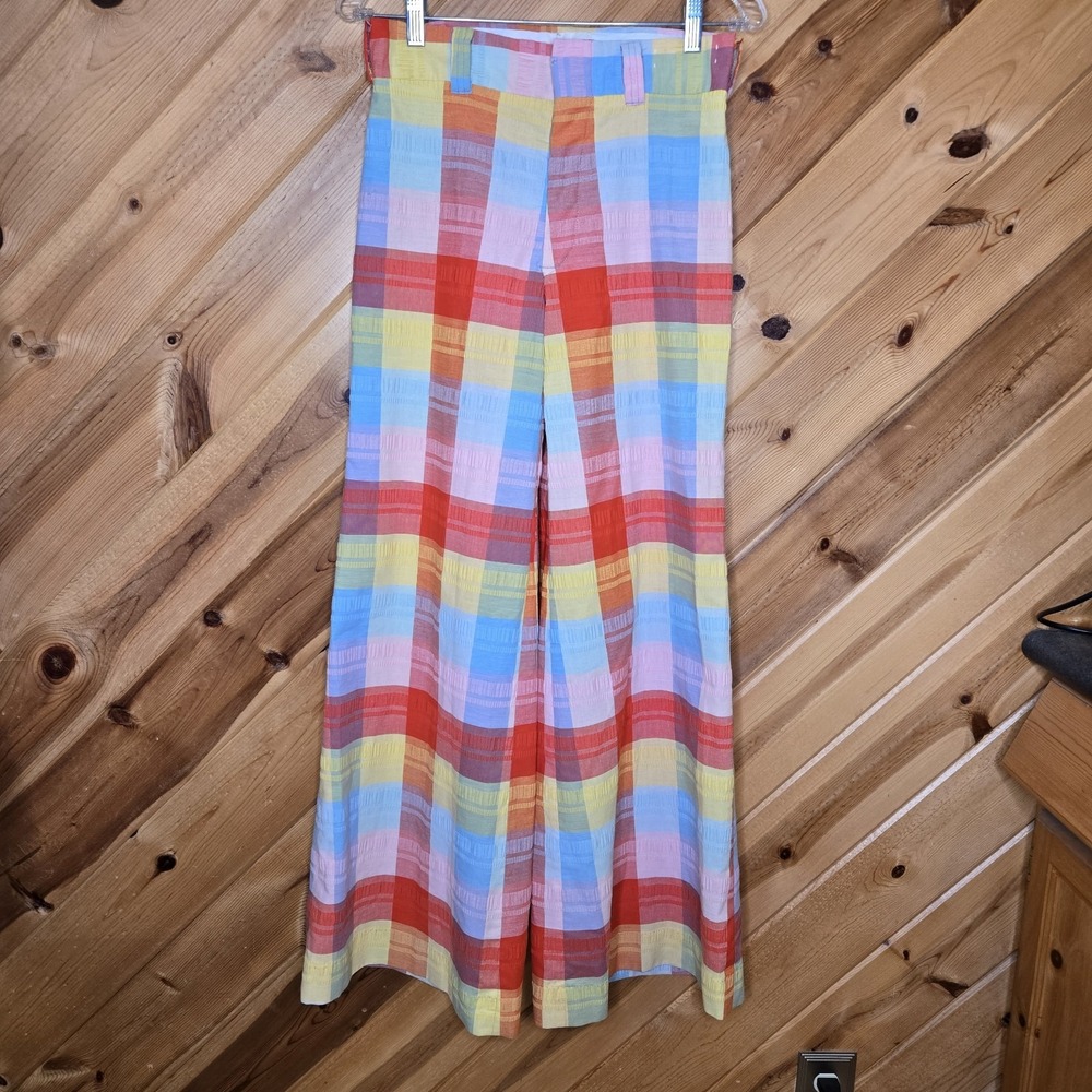 Rare Vintage 70s Plushbottoms High Waisted Rainbow Plaid Bell Bottoms - Picture 1 of 10
